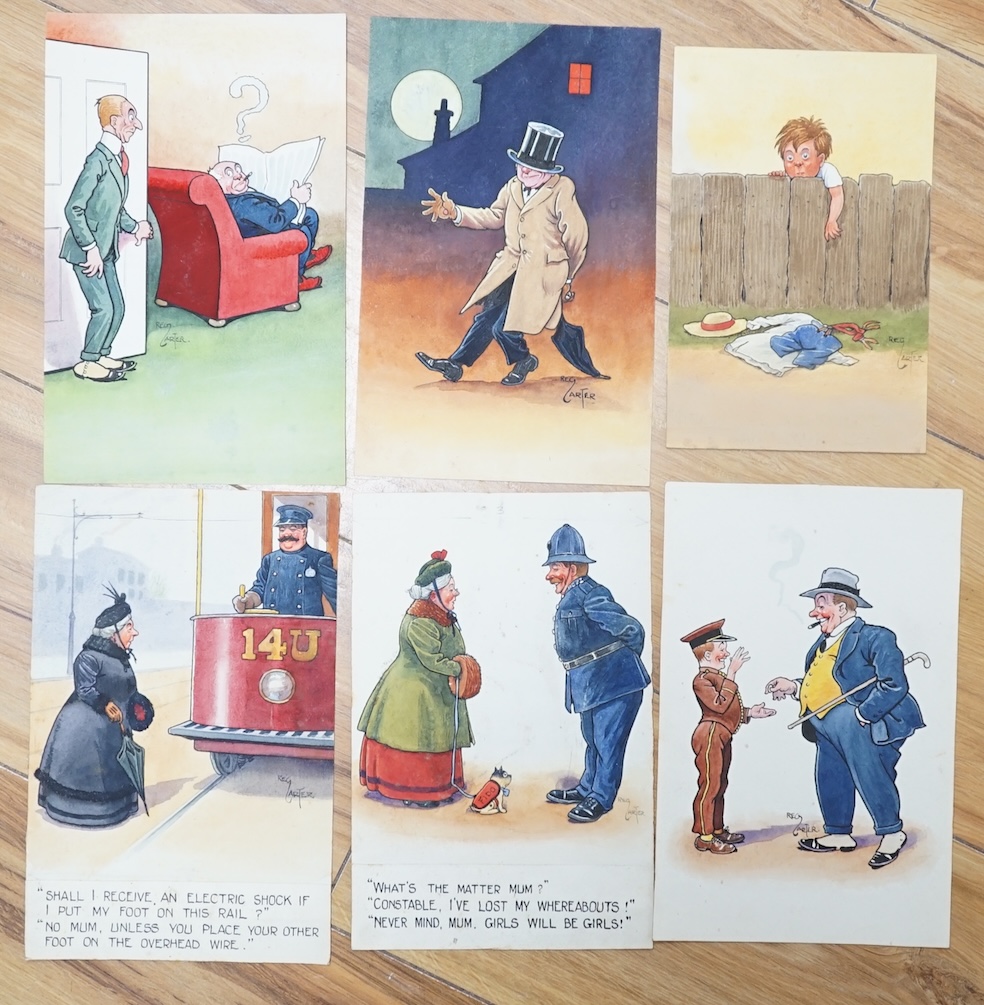 Reg Carter (1886-1949), set of six original watercolours for postcard designs, Humorous figures and scenes, each signed, 21.5 x 13cm, unframed. Condition - fair